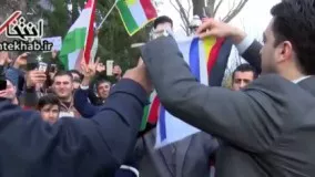 فیلم/ بالا بردند پرچم رژیم صهیونیستی توسط حامیان بارزانی برابر سفارت ایران در برلین