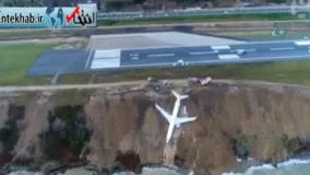 فیلم/ خروج هواپیمای مسافربری از باند/ یک قدم تا سقوط در دریا
