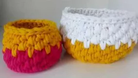 آموزش قلاب بافی-آموزش بافت سبد با کاموا تریکو..how to crochet T_shirt yarn basket