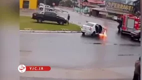 خوش شانس‌ ترین راننده جهان : آتش گرفتن خودرو کنار ماشین آتش نشانی