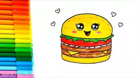آموزش نقاشی کودکانه | نقاشی همبرگر خوشمزه | نقاشی فست فود سرگرمی