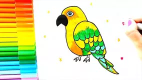 آموزش نقاشی کودکانه | نقاشی طوطی با رنگ آمیزی کودکانه