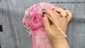 نقاشی روی پارچه -طراحی روی پارچه-طرح سبد گل زیبا روی کت جین