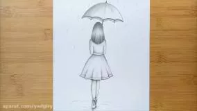 نقاشی سیاه قلم دختر و چتر