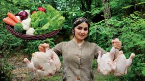 پخت چلو مرغ نذری برای نیازمندان در جنگل